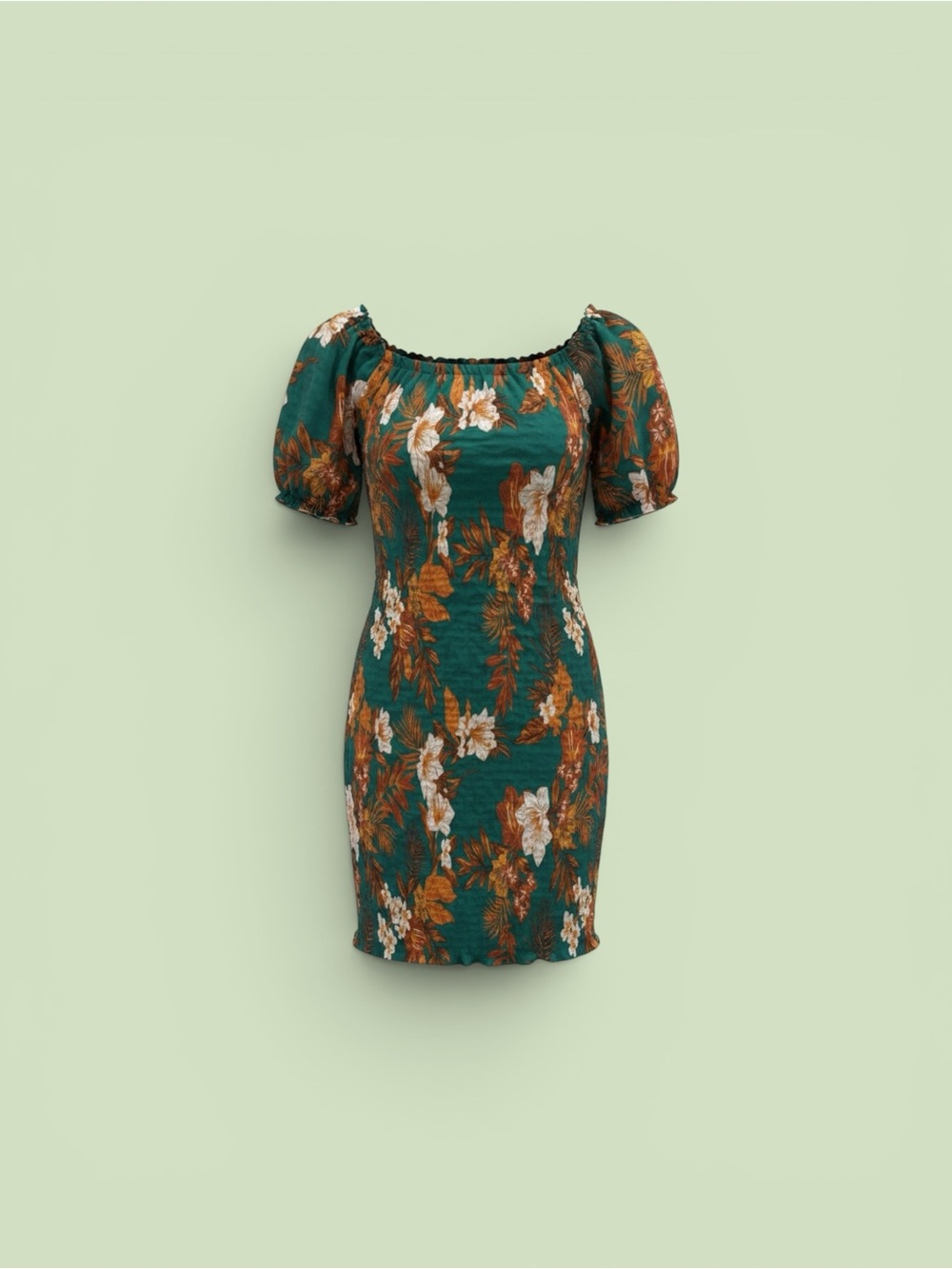 Pretty Garden Emerald Floral Puff-Sleeve Mini Dress